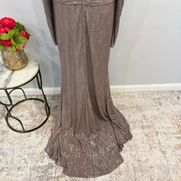 Mac Duggal 49503 Mauve Taupe Metallic Faux Wrap Draped Puff Sleeve Gown -Reemoly